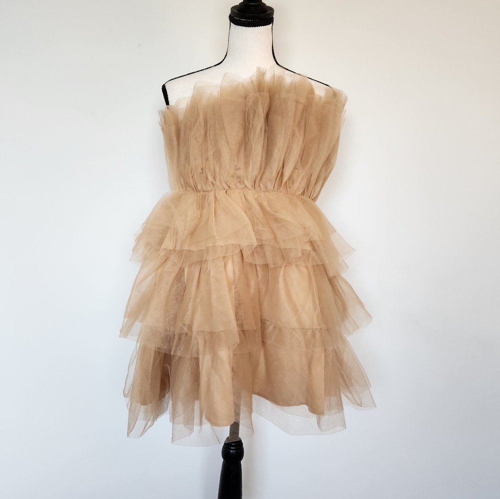 The Post Tulle Mini Strapless Dress Balletcore Prom Homecoming Princess Beige M